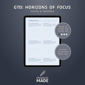 GTD Horizontes de Enfoque, PDF digitales e imprimibles, varios colores y tamaños de papel.