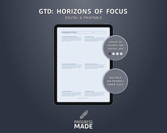 GTD Horizons Of Focus, Digital And Printable PDFs, Multiple Colors And Paper Sizes