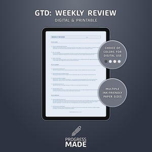 Resumen semanal de GTD, en formato digital e imprimible (PDF), disponible en varios colores y tamaños de papel.