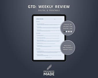 GTD Weekly Review, Digital And Printable PDFs, Multiple Colors And Paper Sizes