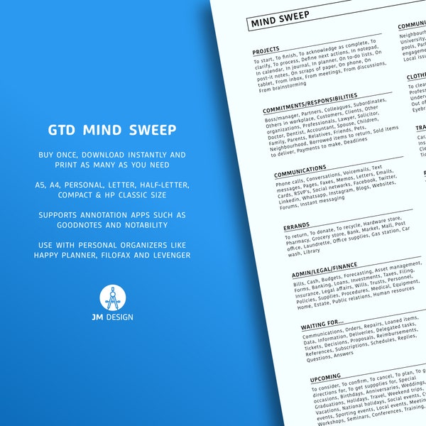 Printable GTD Mind Sweep Trigger List Brain Dump A5 A4 Personal Letter Half-Letter Compact HP Classic Size