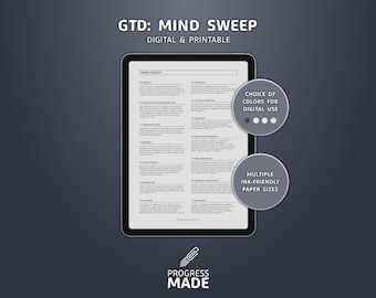 May include: A digital tablet displaying a GTD: MIND SWEEP printable planner page with categorized task lists. Two circular badges indicate a choice of colors for digital use and multiple ink-friendly paper sizes. The Progress Made logo is at the bottom.