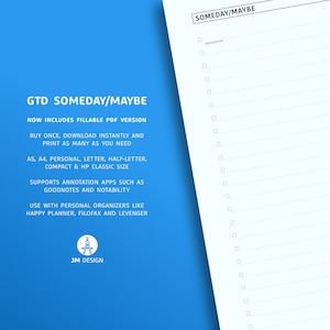 GTD Someday/Maybe List Printable & Fillable A5 A4 Personal Letter Half-Letter Compact HP Classic Size