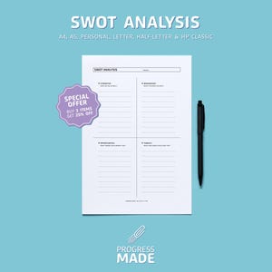 SWOT Analysis Printable PDF, Swot Matrix, Tows Analysis, Situational Assessment, Project Planner, Business Tool