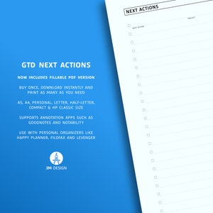 GTD Next Actions List Printable: Fillable PDF Template