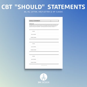 Hoja de trabajo imprimible en PDF con afirmaciones "deberías" de TCC, salud mental, terapia, asesoramiento, autoayuda, tamaño A4/A5/carta/media letra/HP Classic