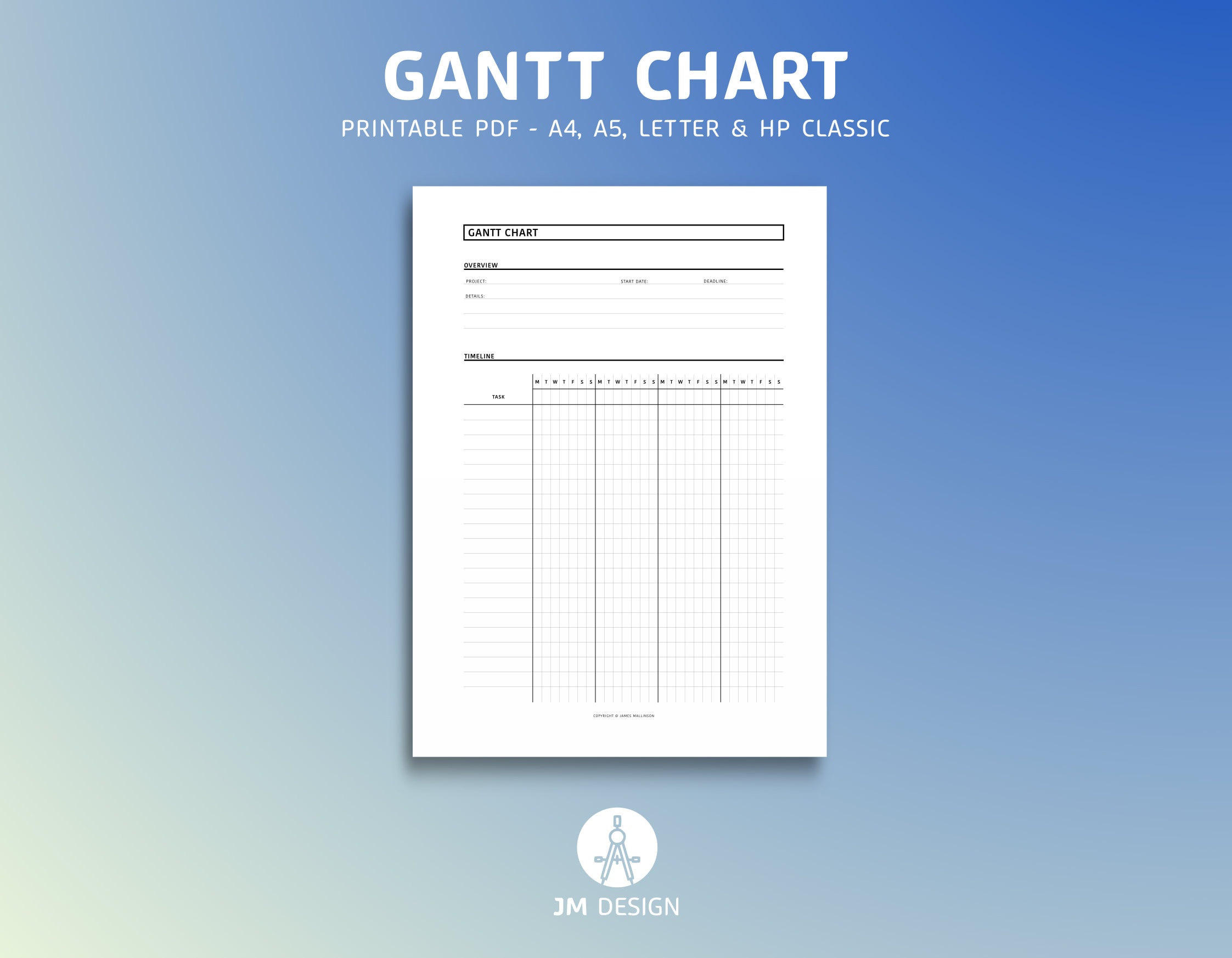 GANTT Chart Printable PDF, Project Planner, Project Timeline, Project Workflow, Weekly Planner, Portrait Layout