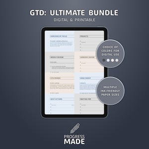 May include: A digital tablet displaying a GTD: Ultimate Bundle planner with sections for projects, weekly reviews, and next actions. The screen shows a grid of pastel-colored task lists. Two circular callouts mention color choices and ink-friendly paper sizes.