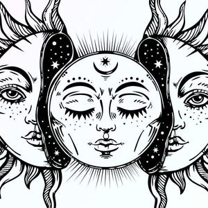 Pode incluir: Design celestial em preto e branco com um sol, uma lua e estrelas. Os sóis têm rostos detalhados com olhos fechados, e a lua tem uma lua crescente e detalhes de estrelas. A imagem inclui o texto "PNG SVG CDR DXF EPS".