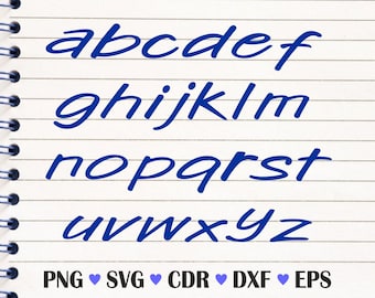 Op de afbeelding: Een blauw alfabet met kleine letters wordt weergegeven op een achtergrond van gelijnd papier. De letters a t/m z zijn in een cursieve stijl geschreven. Onder het alfabet staan de bestandstype-afkortingen: PNG, SVG, CDR, DXF en EPS.