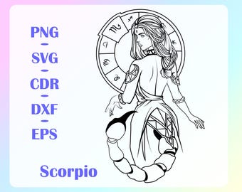 Arte lineal de la mujer del zodíaco Escorpio (Svg, Png, Eps, Dxf, Cdr) / Clipart de astrología femenina / Archivo de corte Cricut / Descarga digital del horóscopo