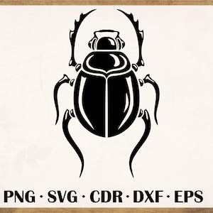 May include: A black, stylized illustration of a scarab beetle. The beetle is depicted with detailed wings and legs, set against a cream-colored background. The image includes the text "PNG • SVG • CDR • DXF • EPS" at the bottom.