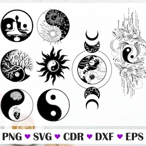 Yin-Yang vectortekening, vectorbestanden voor laser, Yin-Yang set met silhouet, zwarte svg, svg-bestand Yin-Yang, Yin-Yang png, digitaal bestand