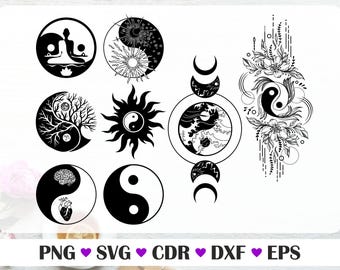 Yin-Yang vector drawing, Vector files for laser, Yin-Yang set with silhouette, black svg, svg file Yin-Yang, Yin-Yang png, digital file