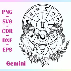 Gemini Zodiac Woman Line Art Svg Png Eps Dxf Cdr | Feminine Astrology Clipart | Cricut Cut File | Horoscope Digital Download