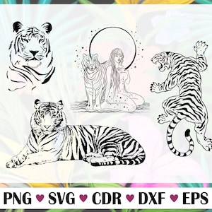 May include: A set of five black and white vector illustrations featuring tigers and a woman with a tiger. The illustrations are perfect for use in crafting projects, digital design, and more.