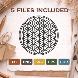 May include: Black and white geometric design of the Flower of Life, a sacred geometry symbol, on a white background. The text "5 FILES INCLUDED" is at the top. Below are file type icons: DXF, PNG, SVG, EPS, and CDR.