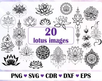 Lotus flower, Lotus vector, Lotus set with silhouette, tattoo set, lotus ornament png, Vector Files For Laser, Beautiful flower for a tattoo
