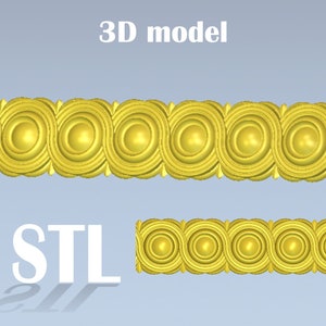 May include: 3D model of a gold-colored decorative trim with a repeating pattern of circles. The trim is designed for use in interior design and home decor.