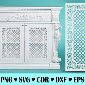 Può includere: Un mobile bianco con due ante e un cassetto. Le ante presentano un design a traliccio bianco decorativo e intricato. Il mobile è su uno sfondo turchese. L'immagine mostra anche un pannello decorativo bianco con un design a traliccio e accenti floreali.