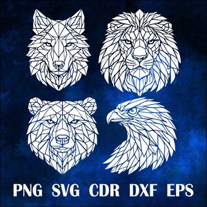 May include: White geometric designs of a wolf, lion, bear, and eagle on a dark blue background. The animals are depicted in a low-poly style. The image includes the text "PNG SVG CDR DXF EPS" at the bottom.