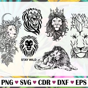 Puede incluir: Un conjunto de ilustraciones de cabezas de león en blanco y negro. Las ilustraciones incluyen un león con una corona, un león con flores, un león con una melena y un león con una melena y un rostro de mujer. El texto "Stay Wild" está incluido en la imagen.