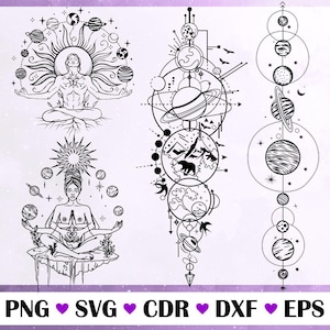 Peut inclure: Trois dessins au trait en noir et blanc représentant une femme méditant avec des planètes et des étoiles autour d'elle, un ours dans une scène de montagne avec des planètes et des étoiles autour de lui, et une série de planètes et d'étoiles en ligne verticale.