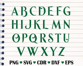 Op de afbeelding: Een vel met gestreept papier waarop het alfabet in groene cursieve letters is geschreven. De letters zijn gestileerd met versieringen en krulletjes. Onder het alfabet staat de tekst "PNG SVG CDR DXF EPS" in zwart.
