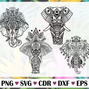 Może przedstawiać: Cztery czarno-białe wzory głowy słonia mandali. Każda głowa słonia jest otoczona skomplikowanymi wzorami kwiatowymi.