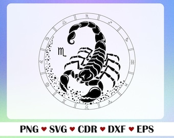 Può includere: Illustrazione in bianco e nero di uno scorpione, il segno zodiacale dello Scorpione. Lo scorpione è all'interno di un cerchio con simboli zodiacali sul bordo. L'immagine include il testo "PNG SVG CDR DXF EPS".