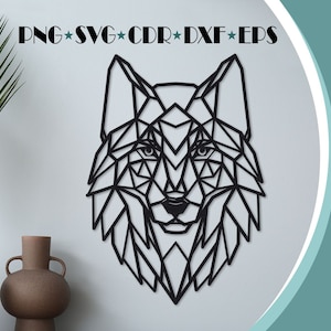 Może przedstawiać: Geometryczny wzór głowy wilka w kolorze czarnym, odpowiedni do projektów rzemieślniczych, takich jak sztuka ścienna, naklejki winylowe lub cięcie laserowe.