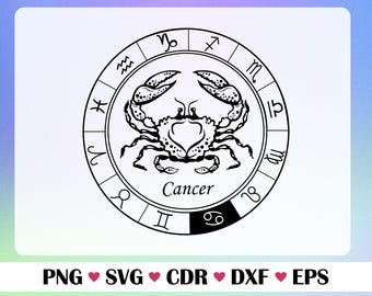 Signo del zodiaco Cáncer (Svg, Png, Eps, Dxf, Cdr) / Horóscopo del cangrejo (Clipart) / Diseño vectorial digital imprimible del zodiaco Cáncer