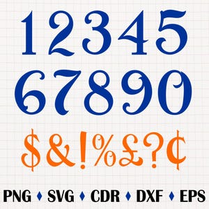 Puede incluir: Números estilizados en azul y naranja del 1 al 0 y símbolos de dólar, ampersand, signo de exclamación, porcentaje, libra, signo de interrogación y centavo. PNG, SVG, CDR, DXF, EPS.