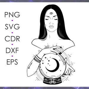 Mystical Woman Line Art | Third Eye & Crystal Ball Png Svg Eps Dxf Cdr | Witchy Digital Illustration for Print and Design