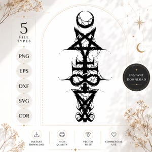 May include: Black and white digital design featuring a stylized symbol with a crescent moon, star, and text. The image includes the text "5 FILE TYPES", "PNG", "EPS", "DXF", "SVG", "CDR", "INSTANT DOWNLOAD", "HIGH QUALITY", "VECTOR FILES", and "COMMERCIAL USE".
