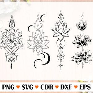 Lotus flower, Lotus vector, Lotus set with silhouette, tattoo set, lotus ornament png, Vector Files For Laser, Beautiful flower for a tattoo