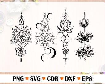 Lotus flower, Lotus vector, Lotus set with silhouette, tattoo set, lotus ornament png, Vector Files For Laser, Beautiful flower for a tattoo