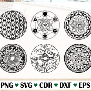 May include: Set of six black and white mandala designs. The designs include a flower of life, a geometric pattern, a circular pattern with a symbol in the center, a pattern with a mountain and water, a star with an eye in the center, and a geometric pattern with a star in the center.