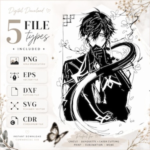 May include: Digital download graphic featuring a black and white anime-style character illustration. The image includes text indicating five file types: PNG, EPS, DXF, SVG, and CDR. Additional text states "Instant Download" and "Commercial Use."
