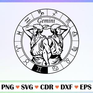 May include: Black and white Gemini zodiac sign design. The image features two figures facing each other within a circular frame, surrounded by zodiac symbols. The word "Gemini" is written in the center. Below the image are the file type options: PNG, SVG, CDR, DXF, and EPS.