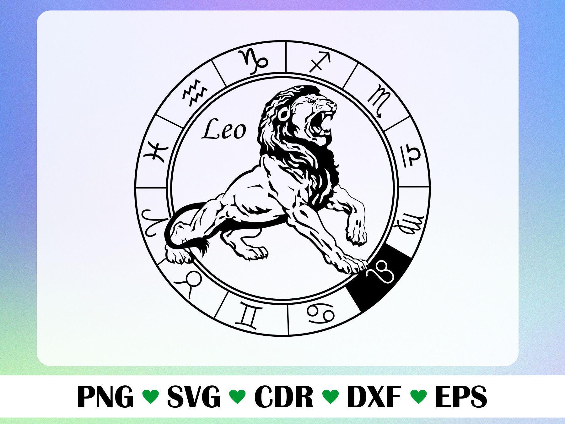 Signo del zodiaco Leo (Svg, Png, Eps, Dxf, Cdr) / Horóscopo del león (Clipart) / Diseño vectorial digital imprimible del zodiaco Leo