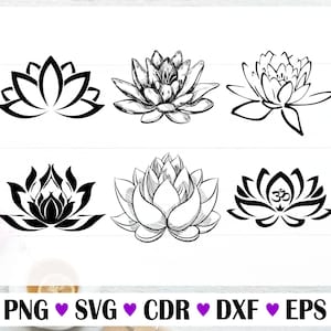 Pode incluir: Conjunto de seis ilustrações de flores de lótus em preto e branco. As ilustrações são de vários estilos, incluindo desenhos de linhas simples e esboços mais detalhados. As ilustrações são perfeitas para usar em projetos de artesanato, scrapbooking ou design digital.