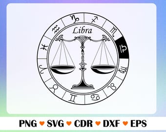 Signo del zodiaco Libra Svg Png Eps Dxf Cdr / Horóscopo de escalas Clipart / Diseño vectorial digital imprimible del zodiaco Libra