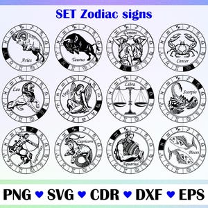 Zodiac Signs SVG Bundle | 12 Vintage Horoscope Clipart Svg, Png, Eps, Dxf, Cdr | Astrology Circle Line Art for Cricut & Laser Cut