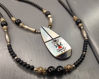 Hopi Kachina piedra inlay collar líquido plata puebloan suroeste hecho a mano