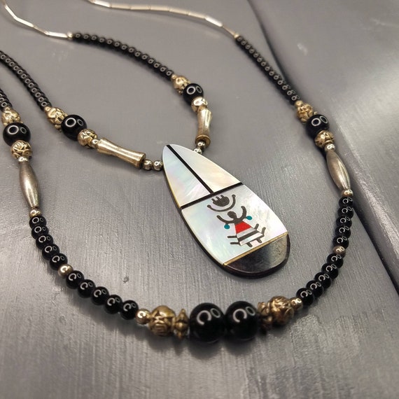 Hopi Kachina Stone Inlay Necklace Liquid Silver P… - image 1