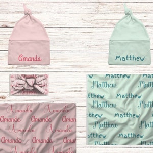 Personalized Baby Swaddle Blanket, Knotted Hat, Custom Baby Girl Headband, New Baby hospital Outfit, matching Blanket and Hat Set, Baby Gift