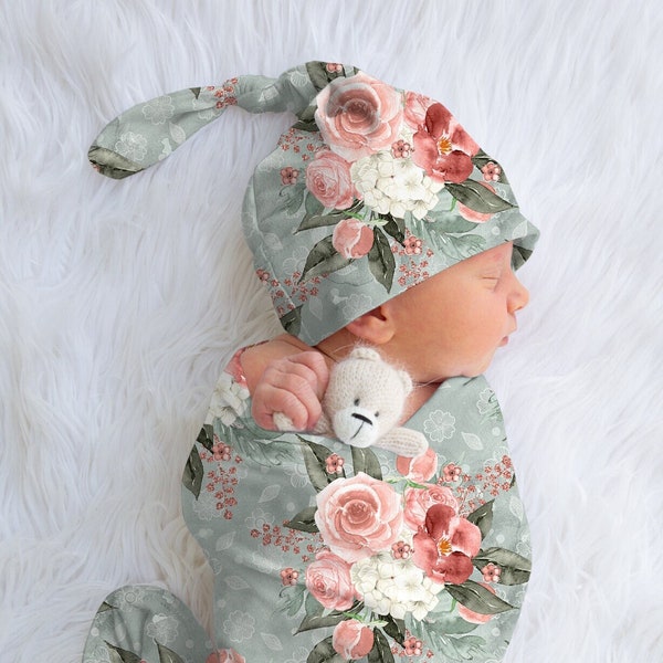 Peach Rose Swaddle Set, Rose Baby Blanket, Rose Floral Nursery Theme, Girl Baby Shower Gift Pink Flowers Swaddle Set, Floral Swaddle Set