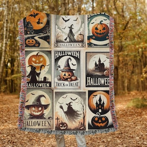 Retro Vintage Spooky Season Halloween Woven Throw Blanket, Vintage Jack-o&#39;-lantern Woven Tapestry, Halloween Watching Movie Blanket Scary