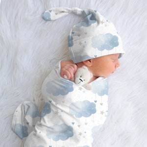 Personalized Newborn Swaddle Set, Personalized Boho Clouds Baby Blanket, Baby Boy Swaddle Blanket, New Baby Gift, Baby Hospital Outfit